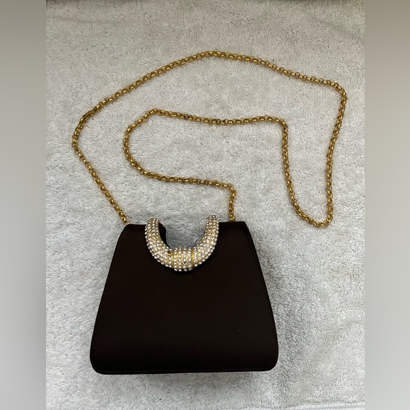 Handbags - Brown Satin Clutch With Stunning Gold and Crystal Horseshoe Fold Over Closure